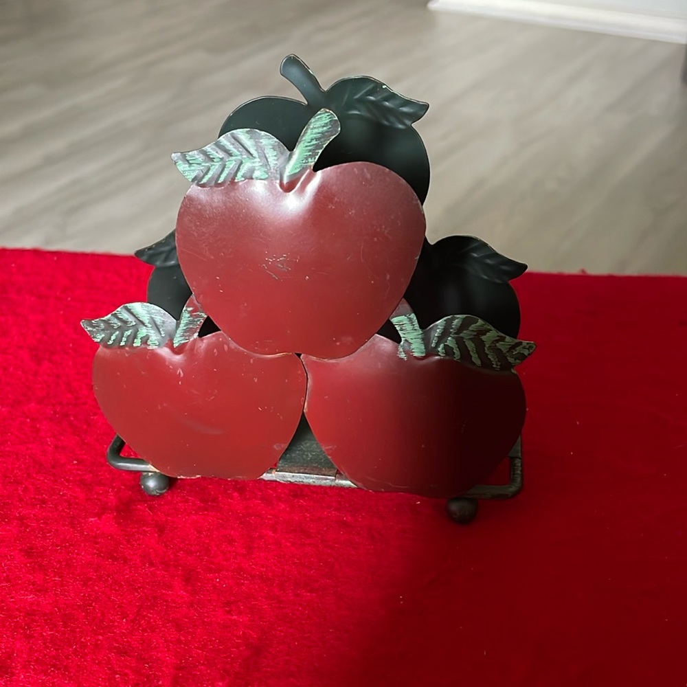 Vintage Home Interiors Apples Napkin Holder-Weaved Bottom-Red & Green Metal